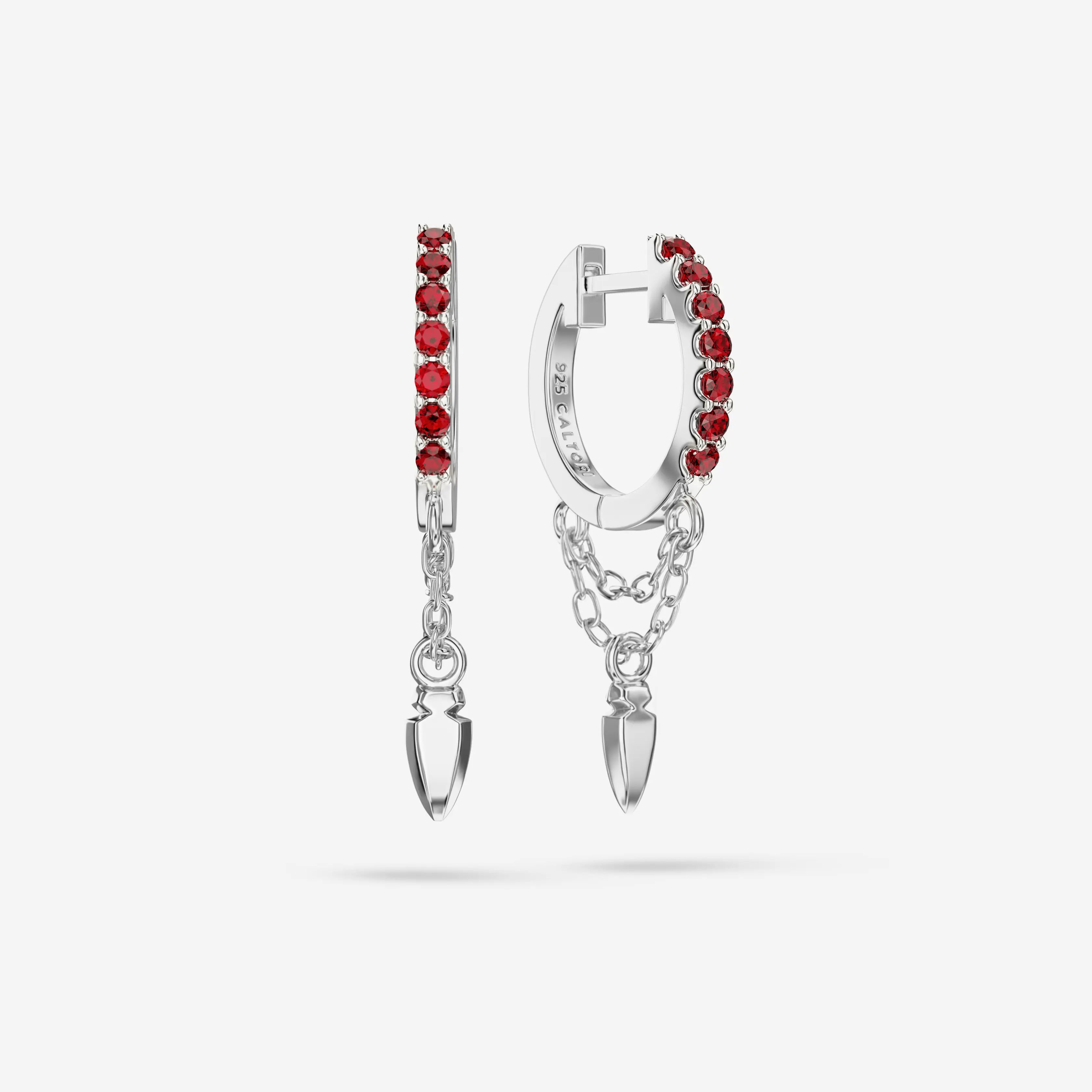 Lab Grown Ruby Double Chain Charm Hoops