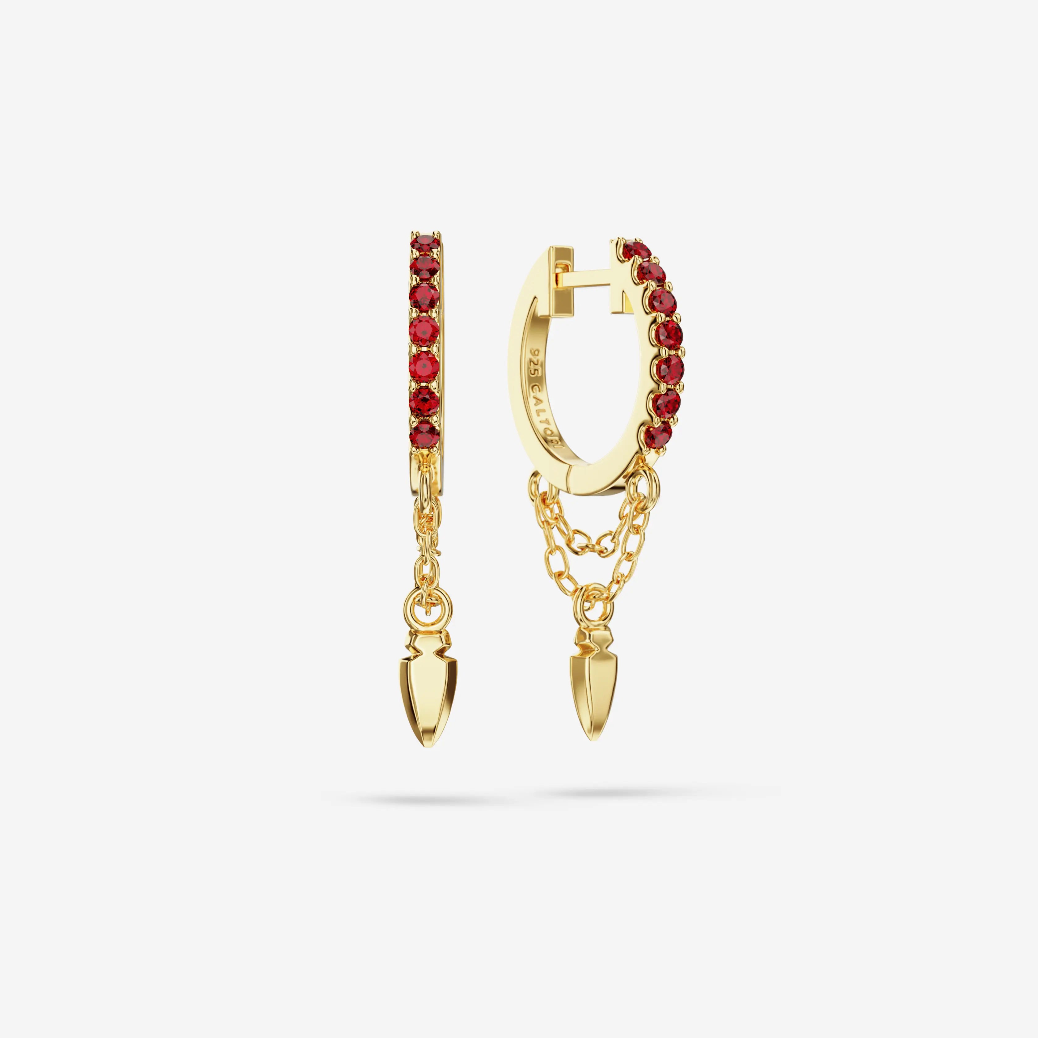 Lab Grown Ruby Double Chain Charm Hoops