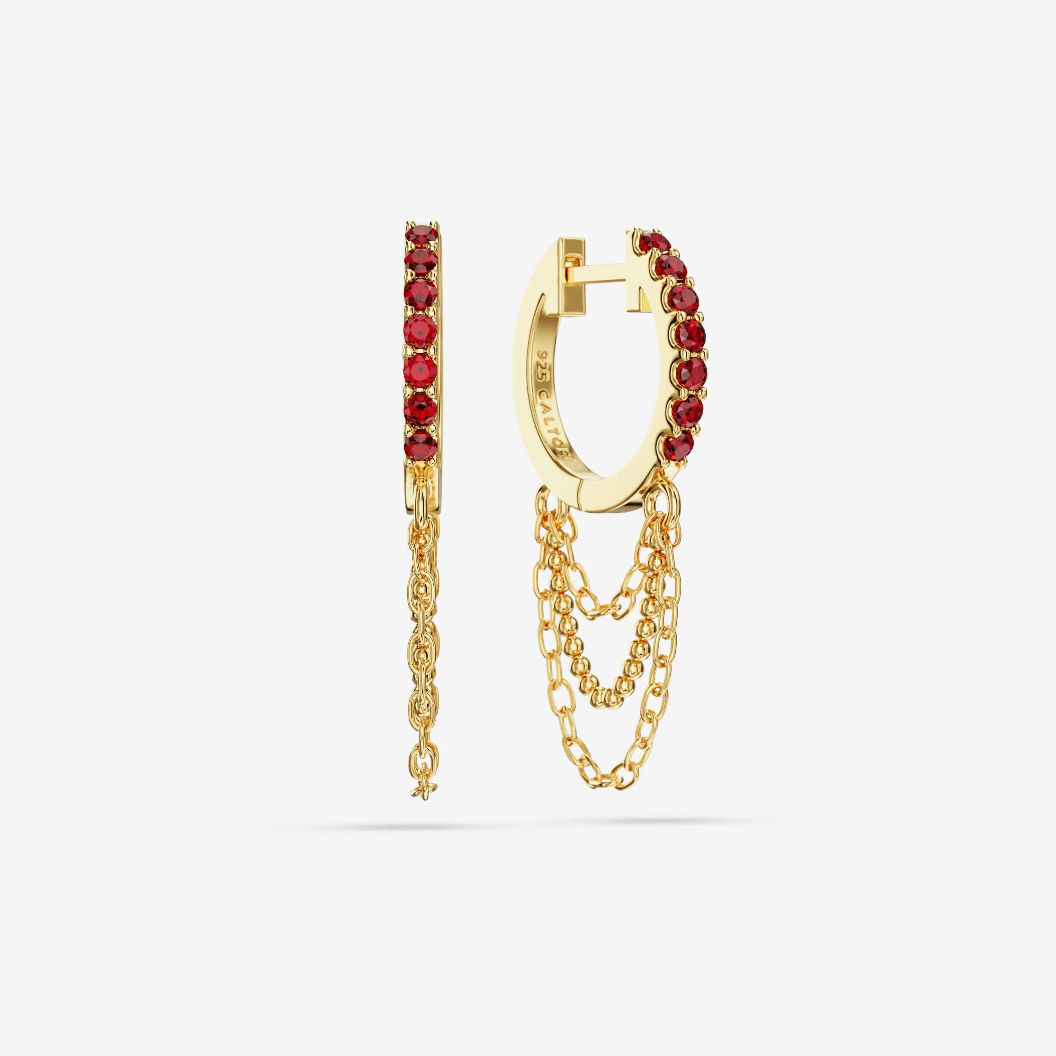 Lab Grown Ruby Triple Chain Hoops